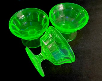 Vintage Uranium Glass Sherbet Glasses, Colonial Panel Design, Set of 3