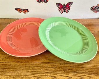 2 1970's Homer Laughlin Harlequin Dinner Plates, HLC Harlequin Rose Dinner Plate, HLC Harlequin Medium Green Dinner Plate