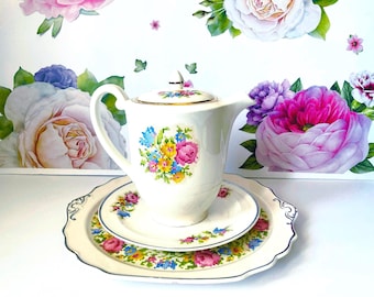 Harker Petit Point Coffee Pot and Plates, Vintage Floral Dessert Set