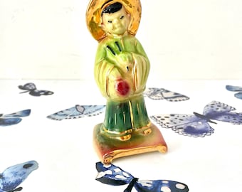 Mid Century Shawnee Asian Boy Figurine, Shawnee USA 602 Boy With Gold Hat And Chopsticks, Small Vintage Shawnee Asian Boy Figurine