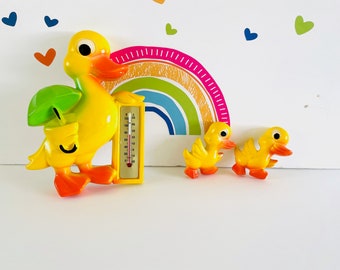 Chalkware Duck Family Thermometer, Miller Chalk Ware Ducks, Bright Yellow Momma & Ducklings Wall Hanging, Miller Studio  Chalkware Ducks