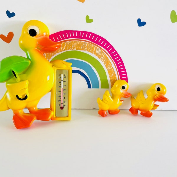 Chalkware Duck Family Thermometer, Miller Chalk Ware Ducks, Bright Yellow Momma & Ducklings Wall Hanging, Miller Studio  Chalkware Ducks