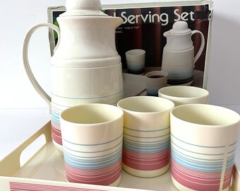 1980s Thermal Serving Set in Original Box, Pink & Blue Striped Vacuum Carafe Set Service for 4,  Pink and Blue Pastel Thermos Cups and Tray