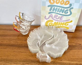 8 Piece Hazel Atlas Tree Of Life Plates And Colored Cups, Service For 4 Tree Snack Plates & Cups, Vintage Clear Tree Of Life Luncheon Set