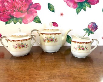 Vintage Diamond Roslyn Tea Set, 1940s Floral Teapot Creamer and Sugar Bowl