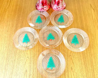 6 Arcoroc Clear Glass Christmas Tree Dishes, Clear Confetti Christmas Tree Luncheon Dishes, 1980s Holiday Dish Set