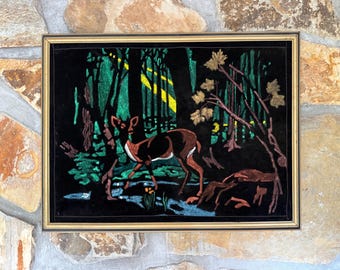 Vintage Completed Deer In The Forest Black Velvet Paint By Number