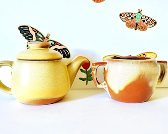 Plainsman Gold Frankoma Mini Teapot and Sugar Bowl, Vintage Frankoma Individual 2 Cup Teapot and Sugar Bowl, Small Frankoma Dripware Teapot