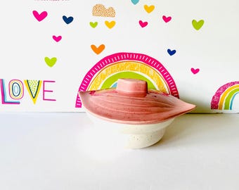 Mid Century Modern Pink Speckleware Covered Candy Dish - USA Pottery