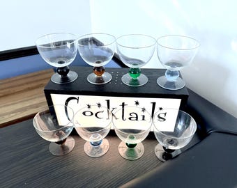 8 Multi-Color Ball Stem Cocktail Glasses, Colorful Ball Stem Handblown Champagne/Sherbet Glasses