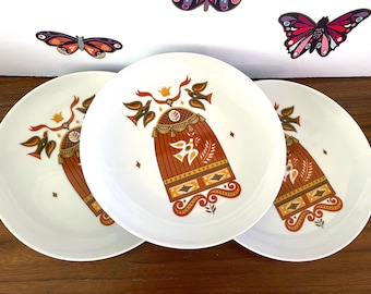 Georges Briard Dessert Plates, Mid Century Birdcage Design, Vintage Collectible - Set Of 6, 7.25" Diameter, Red And Yellow Birds