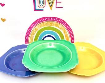 Three Homer Laughlin Riviera Soup Bowls-Mauve Blue, Yellow, and Green