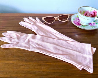 Vintage Long Pink New York Glove Company Nylon Gloves, 1950s Pink Opera Length Gloves, Pink Textured Nylon Dress Gloves