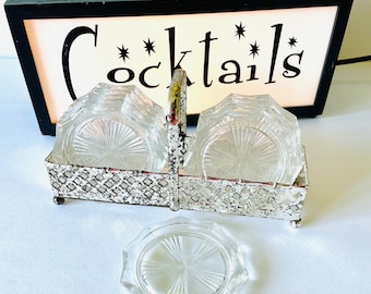 10 Mid Century Starburst Coasters With Sliver Tone Caddy, Reims France Crystal Coasters, Glass Beverage Coasters With Basket Weave Caddy
