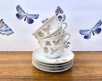 Vista Alegre Gray Portugal Rose Tea Cups & Saucers, Single Rose Tea Cups and Saucers With Gold Trim, Mid Century Rose Cup And Saucer Set