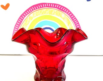 Viking Georgian Ruby Vase, Bright Ruby Red Honeycomb Vase, Red Ruffled Vase, Viking Crimped Vase
