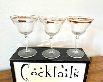 3 Gold Rim Martini Glasses, Mid Century Gold Trim Martini Glasses