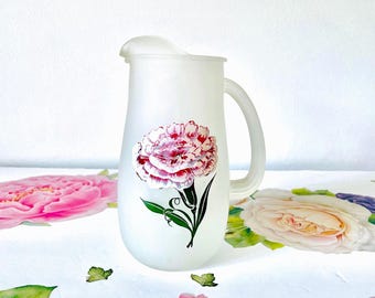 Hazel Atlas Gay Fad Floral Juice Pitcher: Hand Painted Carnation Design - Vintage Glass
