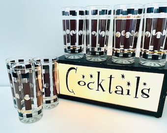 Groovy 60s Geometric Highball Glasses, Brown Black & Gold Striped Cocktail Glasses, Mid Century Modern Barware, Mid Century Modern Tumblers