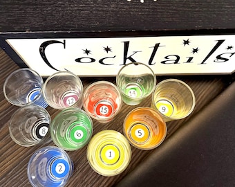 10 Luminarc Multicolor Pool Parlor 1.5 Ounce Shot Glasses, Billiard Barware