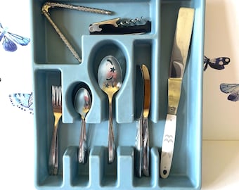 1980's Blue Utensil Tray, Vintage 70's Utensil Holder, Blue Silverware Holder, Flatware Tray, Light Blue Cutlery Tray