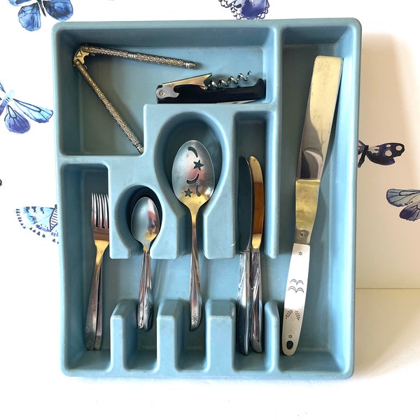 1980's Blue Utensil Tray, Vintage 70's Utensil Holder, Blue Silverware Holder, Flatware Tray, Light Blue Cutlery Tray