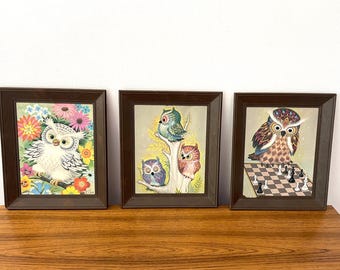 Three K Chin Owl Prints, 3 Vintage Psychedelic Owl Prints in Vintage Plastic Frames, K Chin 8" x 10" Framed Owl Prints, 1970s Owl Wall Art