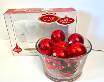 10 Coby Shiny Red  Glass Christmas Ornaments, Mid Century Christmas Balls, Vintage Made in USA Christmas Ornaments