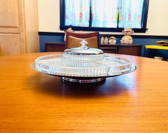 Cut Glass & Chrome Lazy Susan, Chrome and Glass Serving Tray, Lazy Susan Relish Tray, Lazy Susan Centerpiece, Revolving Serving Dish