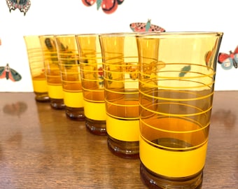 6 Libbey Yellow Stripes Amber Glass Coolers, Libbey Striped Iced Tea Glasses, 1970s Drinking Glasses