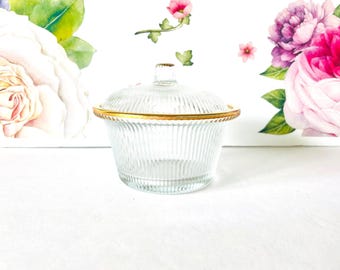 Ribbed Glass Candy, Vintage-Inspired Cotton Ball Holder - Clear, Gold Trim | 2.5" Tall X 4.5" Diameter