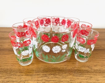 Hazel Atlas Bachelor Button Swanky Swigs Cocktail Set | Vintage Glassware | Ice Bucket 4.5in, Glasses 3.75in