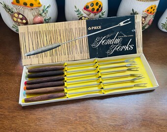 Vintage Fondue Forks, Set of 6 Stainless Steel Fondue Forks, 6 Piece Set Wooden Handle Fondue Forks in Original Box, 1960s Fondue Forks