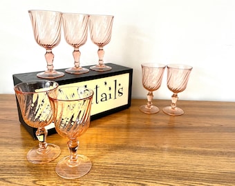 7 Rosaline Pink Swirl Optic Wine Glasses, Cristal D’Arques-Durand Made in France Wine Glasses, Vintage Pink Depression Glass Stemware