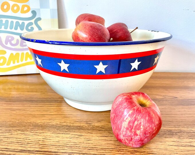 Featured listing image: Stars & Stripes Enamelware Bowl, Hallmark American Landscape Enamel Bowl, 80s Valerie Pillow Patriotic Enamelware Bowl, American Flag Bowl