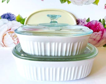 2 Corning French White Stoneware Covered Casseroles, 2 Corning Ware White Ribbed Casseroles with Lids, Corningware French White Casseroles
