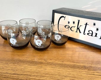6 1970s Vintage New York Giants Roly Poly Glasses, NFL Whisky Glasses, New York Giants Whiskey Glasses, NFL Smoky Gray Cocktail Glasses