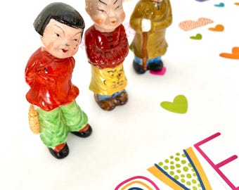 Occupied Japan Asian Figurines, Hand Painted Porcelain, Mid Century Set