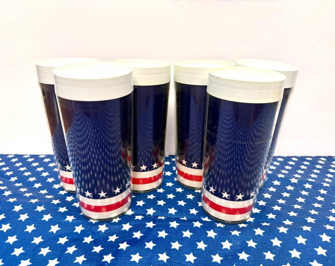 Featured listing image: Vintage Insulated Tumblers: Patriotic Stars and Stripes - Set of 6 Plastic Cups  - 12 Ounces