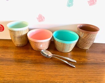 Mid Century Raffia Ware Ice Cream Cups, Vintage Burlap Ice Cream Dishes, Raffiaware Ice Cream Dishes, Insulated Tiki Ice Cream Dishes