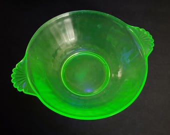 Vaseline Glass Bowl, Art Deco - Ribbed Uranium, Scalloped Handles, 10" | Blacklight, Depression-Era