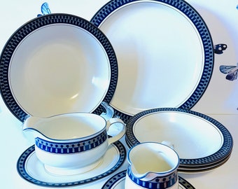 9 Pieces MIKASA Aztec Blue Dinnerware, Mikasa Potter's Touch Aztec Blue Gravy Boat, Aztec Blue Creamer, Aztec Blue Bowls, Aztec Blue Platter