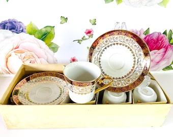 6 Vintage JSK Czechoslovakia Porcelain Gold 24k Filagree Cups and Saucers, Johan Schuldes Kysibl Gold and Purple Tea/Coffee Cups & Saucers