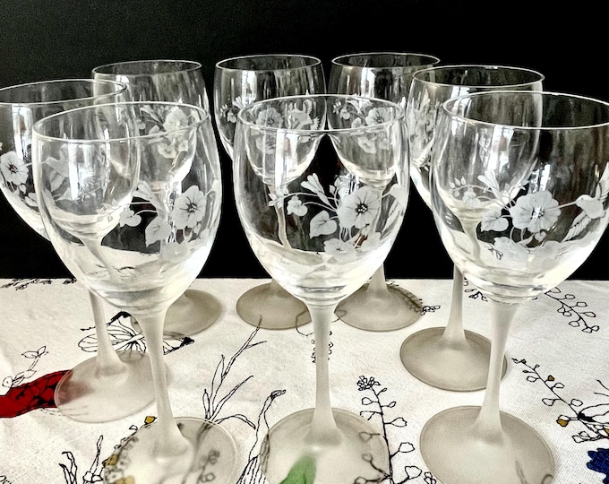 Featured listing image: 8 Avon Hummingbird Blown Glass Water Goblets, Avon Etched Glass Hummingbird Wine Glasses, 1980s Avon Lead Crystal Frosted Stem Water Goblets