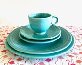 Older Fiesta Turquoise 5 Piece Place Setting, HLC Original Turquoise Fiestaware, Homer Laughlin Turquoise Fiesta Dinnerware Set
