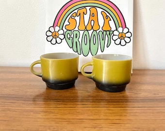 70s Fire King Avocado and Black Mugs, Fire King Green And Black Ombre Coffee Cups, Anchor Hocking Milk Glass Green and Black Stackable Mugs