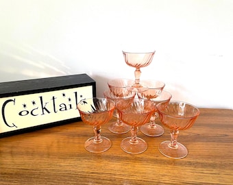 8 Rosaline Pink Swirl Optic Champagne Coupes, Cristal D’Arques-Durand Made in France, Luminarc Depression Glass Champagne/Sherbet Glasses