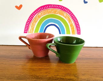 Homer Laughlin Harlequin Tea Cups, Art Deco Rose and Forest Green