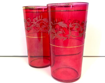 Pair Art Deco Beverage Glasses, Ruby Red Art Deco Glasses, 2 Cranberry Glass Drinking Glasses, Cranberry Barware, Berry Colored Glasses
