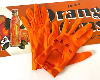 60s Orange Mod Fashion Gloves, Mid Century Orange Nylon Driving Gloves, Orange Go-Go Mod Gloves, Made In USA Orange Mid Mod Racing Gloves